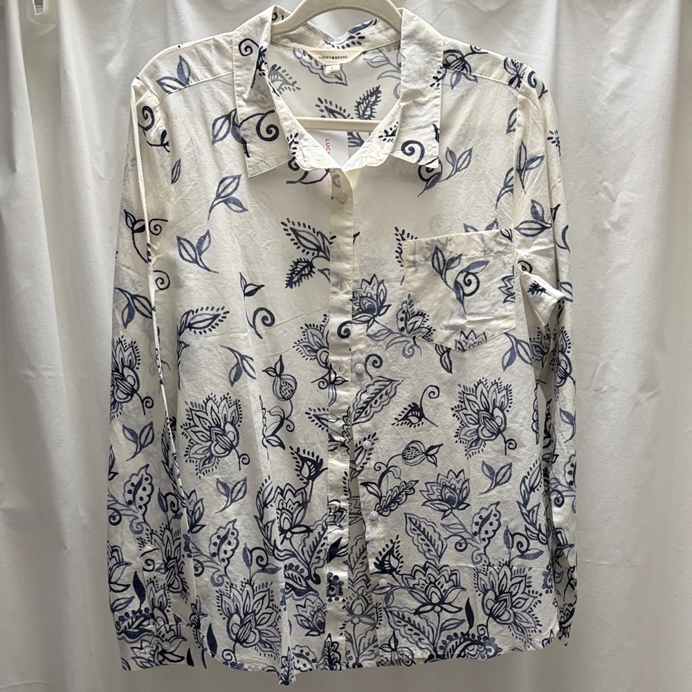 New Lucky Brand Cream Button-Down Cotton Shirt with Navy Floral Print